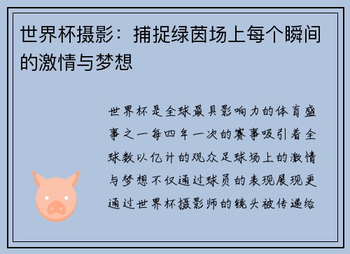 世界杯摄影：捕捉绿茵场上每个瞬间的激情与梦想